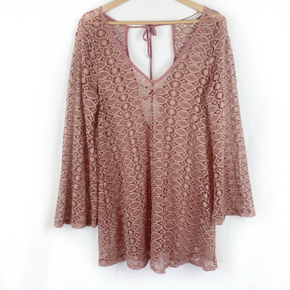 Green Envelope Lace Open Knit Beach Coverup in Mauve Pink